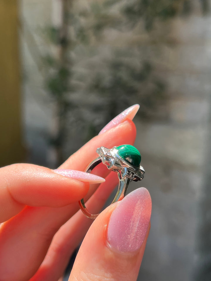 Wonderful Malachite and Diamond Art Deco Ring
