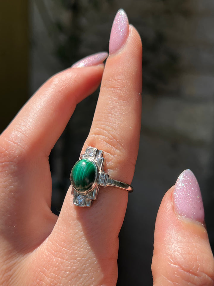 Wonderful Malachite and Diamond Art Deco Ring