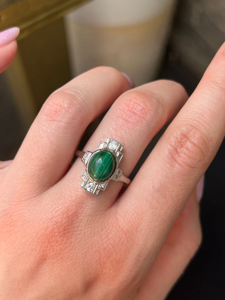 Wonderful Malachite and Diamond Art Deco Ring