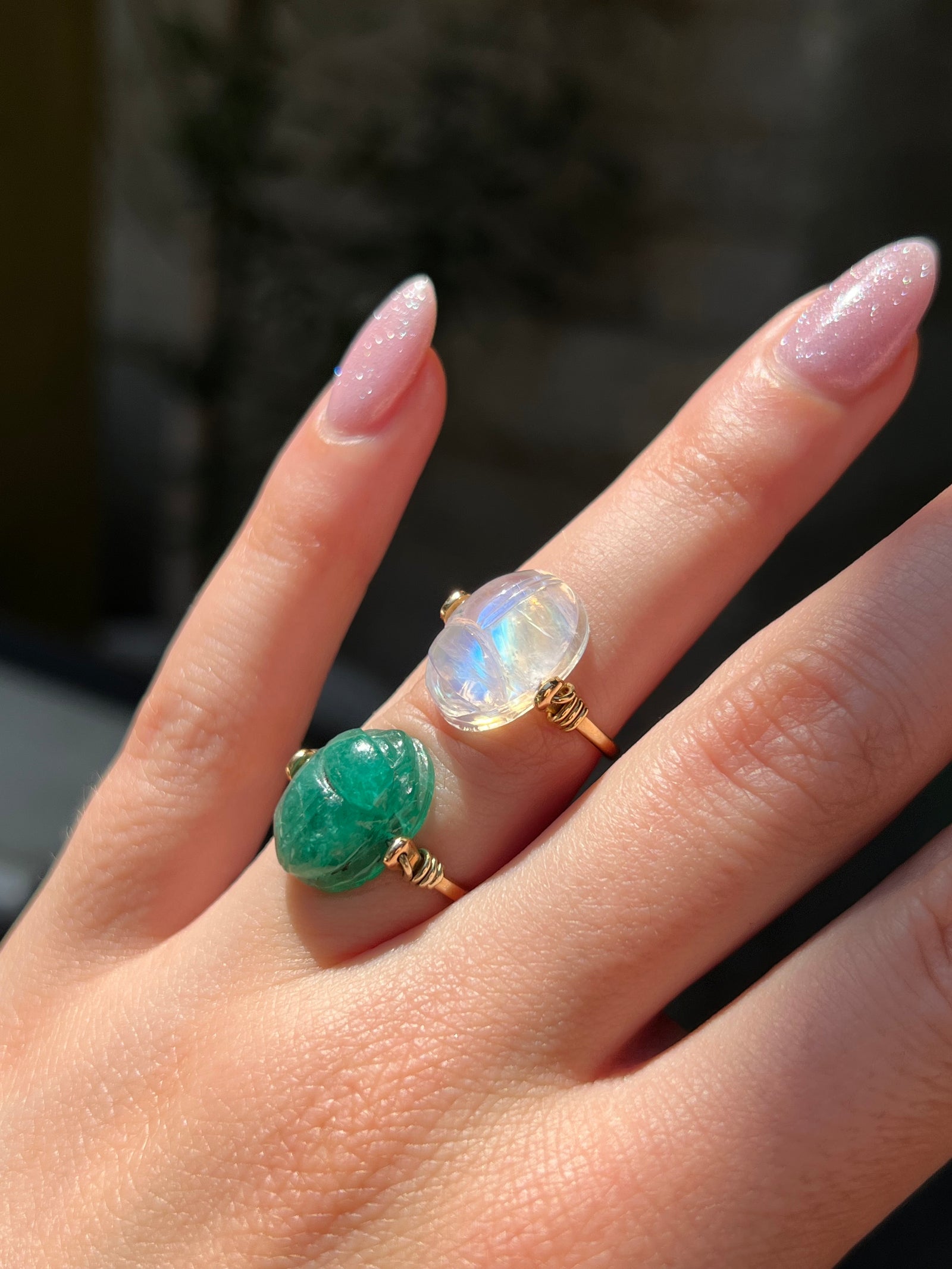 Curio Original Gem Scarab Specimen Ring in 18ct gold featuring a carved gemstone scarab, ancient-inspired design, and fine handcrafted details.