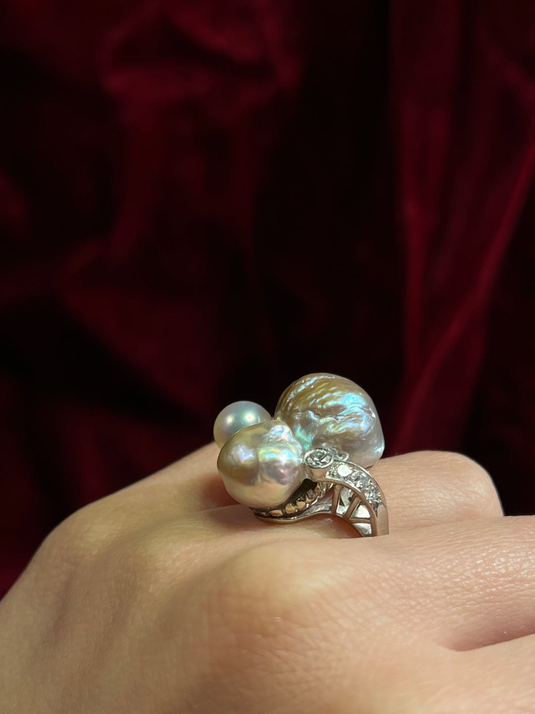 Massive Sensual 1940’s Cocktail Ring Featuring 3 Exceptional Pearls