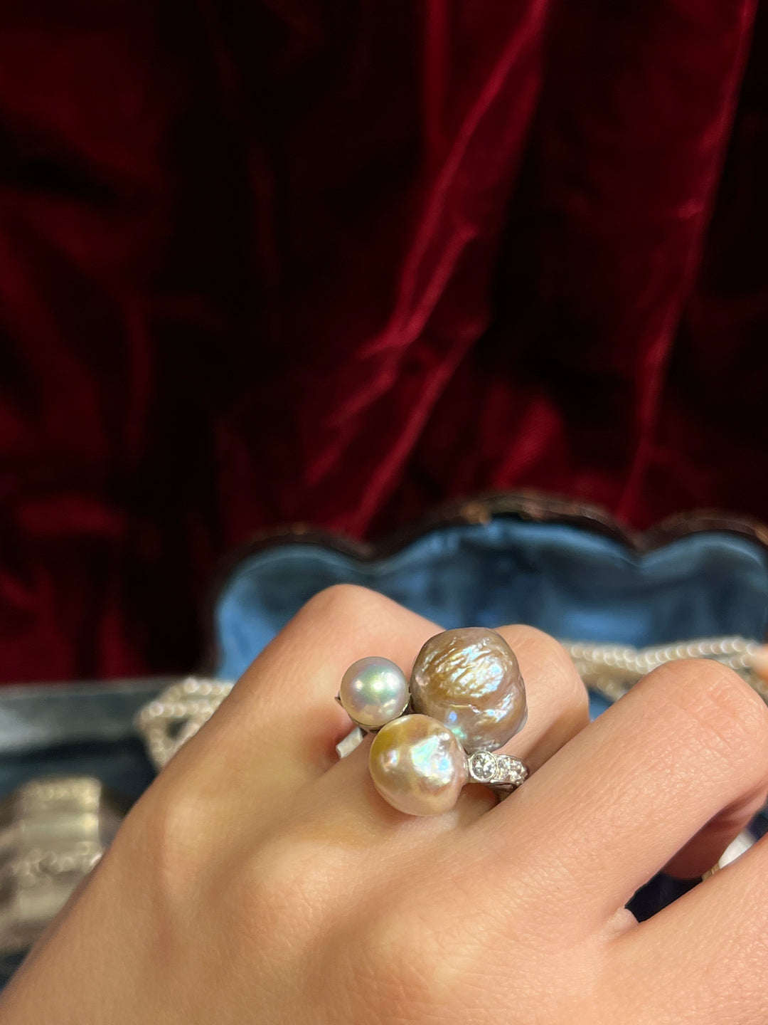 Massive Sensual 1940’s Cocktail Ring Featuring 3 Exceptional Pearls