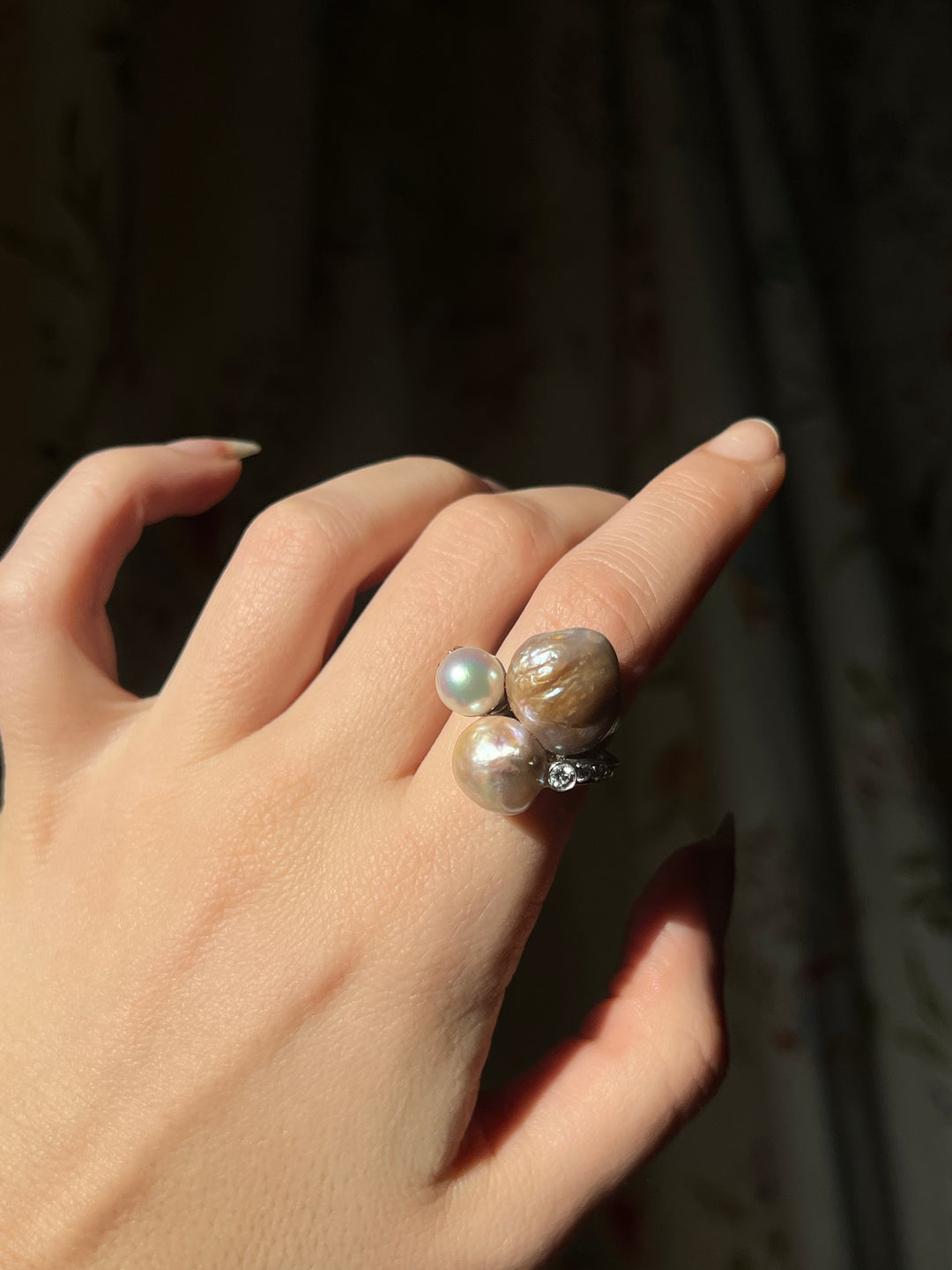 Massive Sensual 1940’s Cocktail Ring Featuring 3 Exceptional Pearls