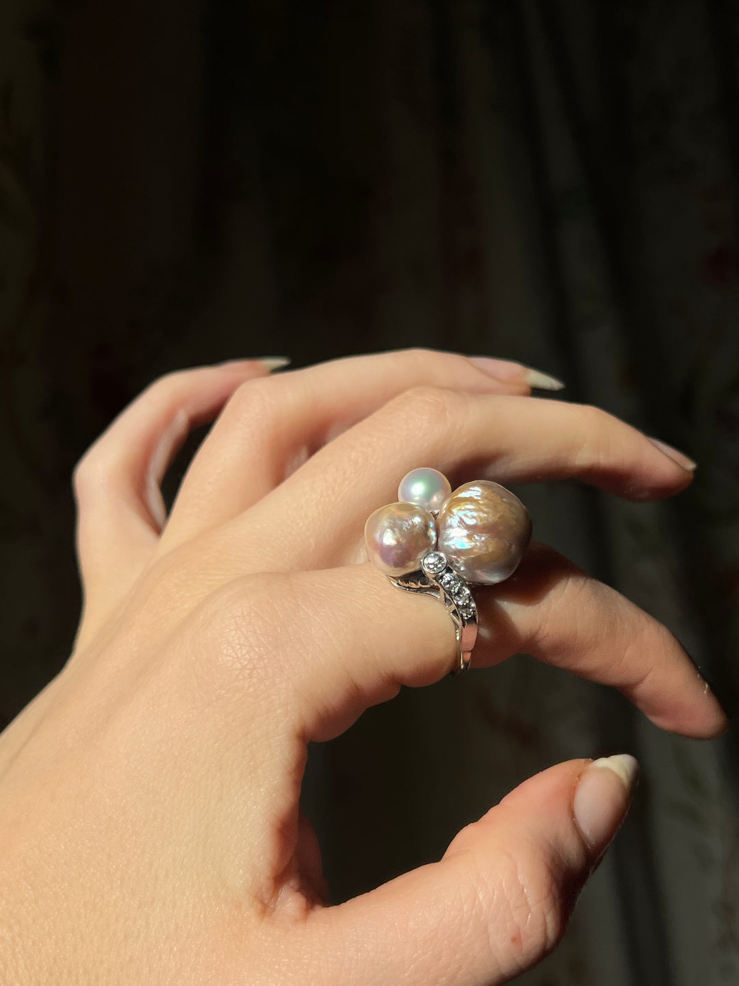 Massive Sensual 1940’s Cocktail Ring Featuring 3 Exceptional Pearls