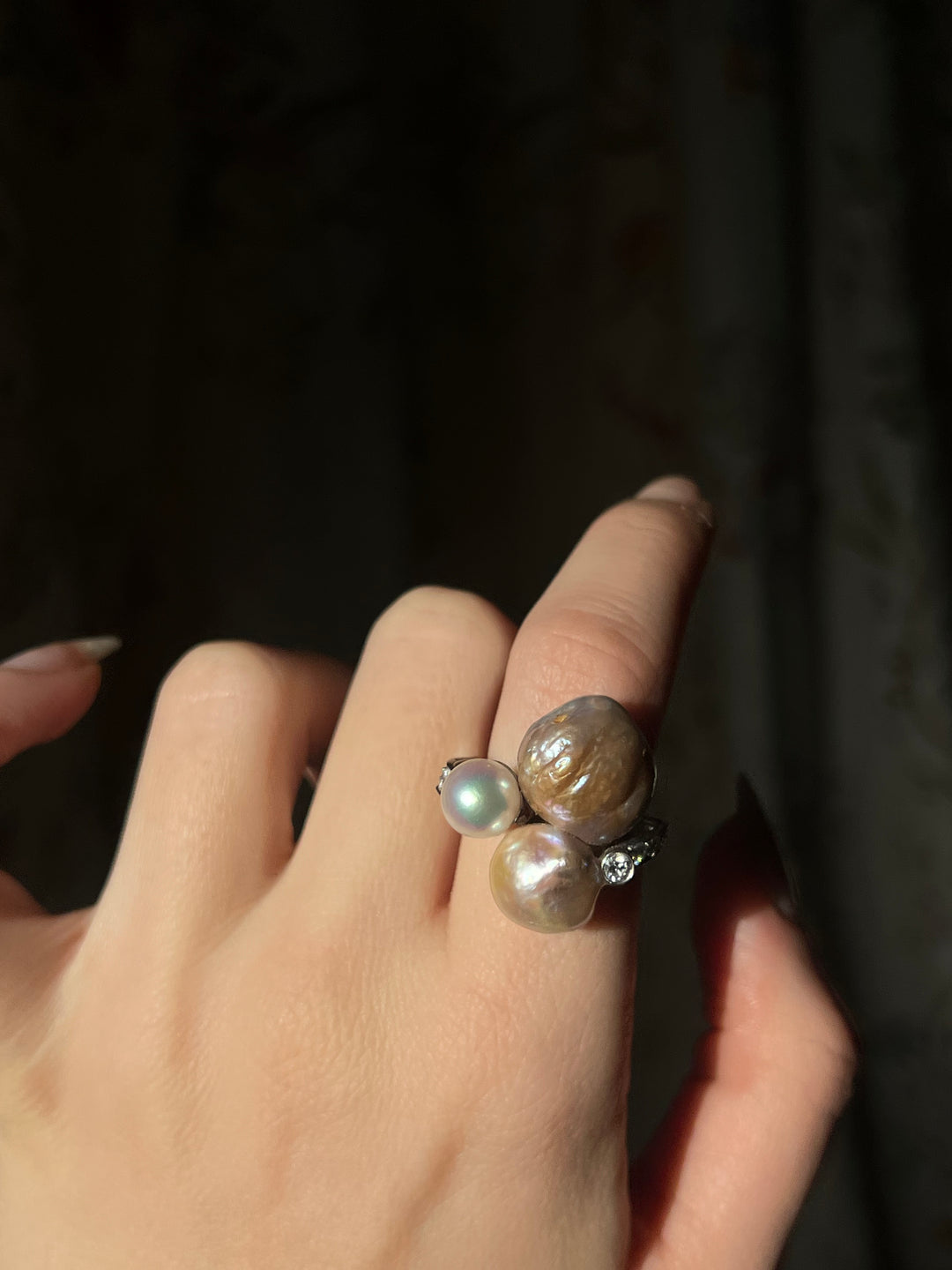 Massive Sensual 1940’s Cocktail Ring Featuring 3 Exceptional Pearls