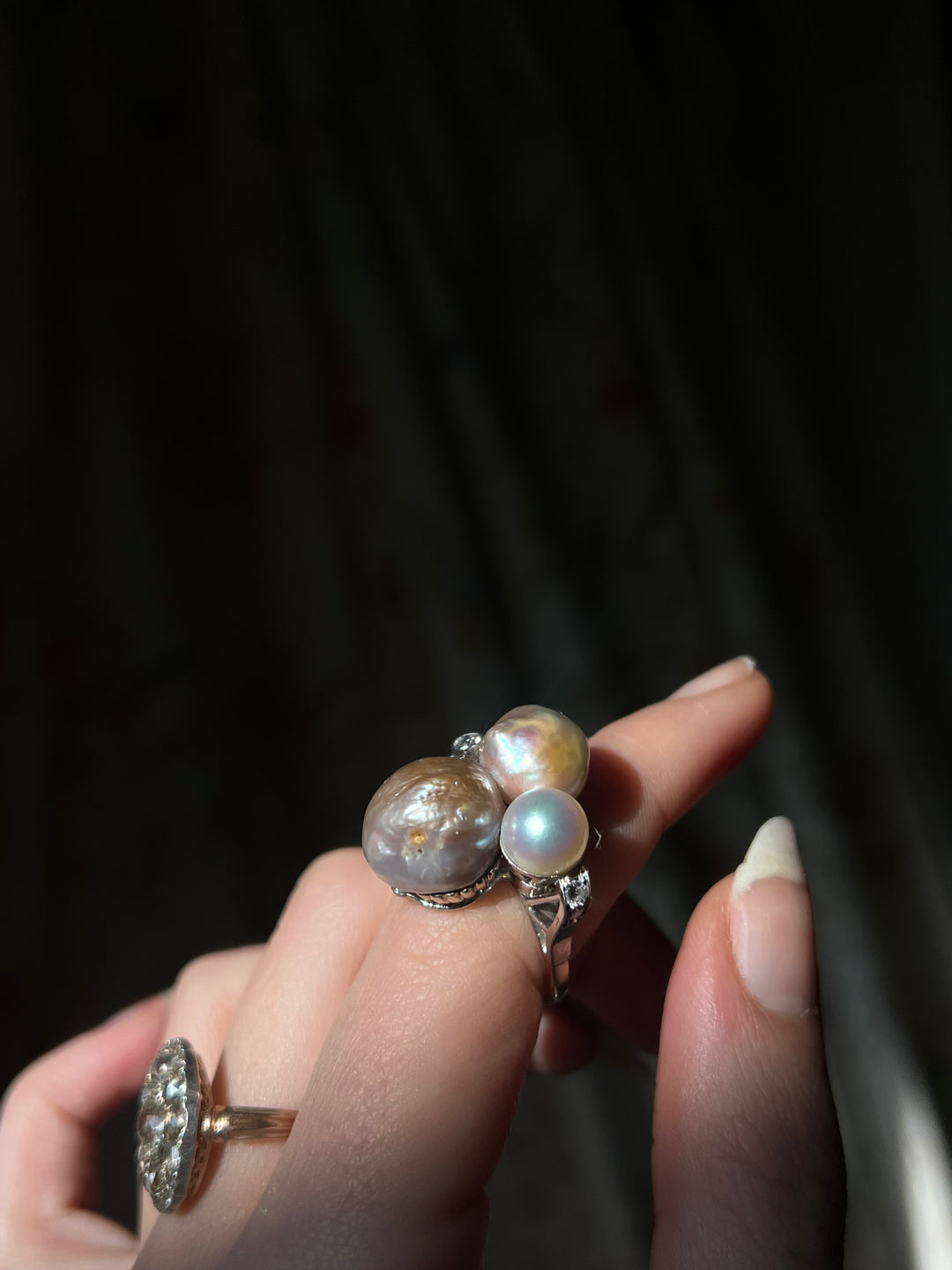 Massive Sensual 1940’s Cocktail Ring Featuring 3 Exceptional Pearls