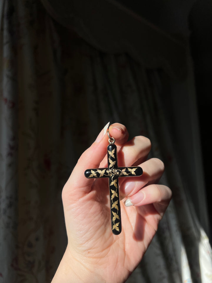 Exceptional 14ct Black Enamel Cross with Stylized Ivy Leaves