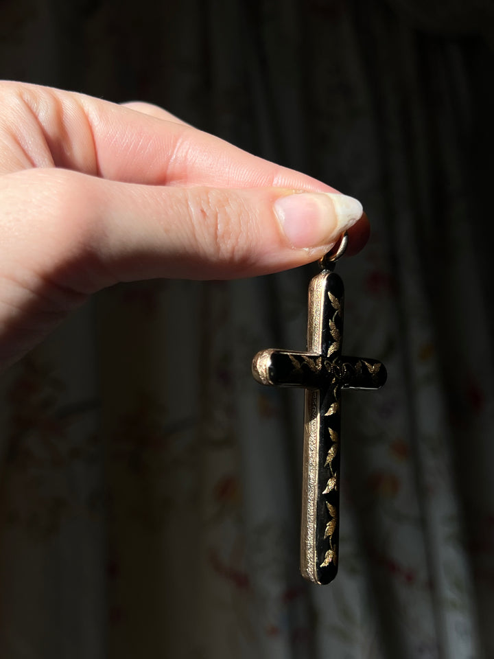 Exceptional 14ct Black Enamel Cross with Stylized Ivy Leaves