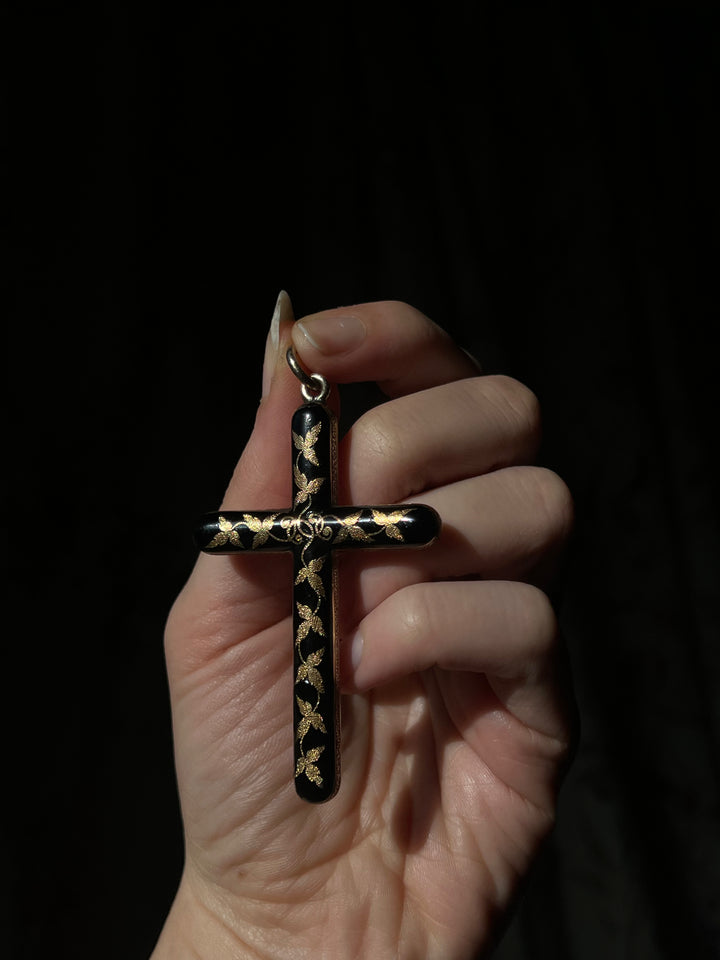 Exceptional 14ct Black Enamel Cross with Stylized Ivy Leaves