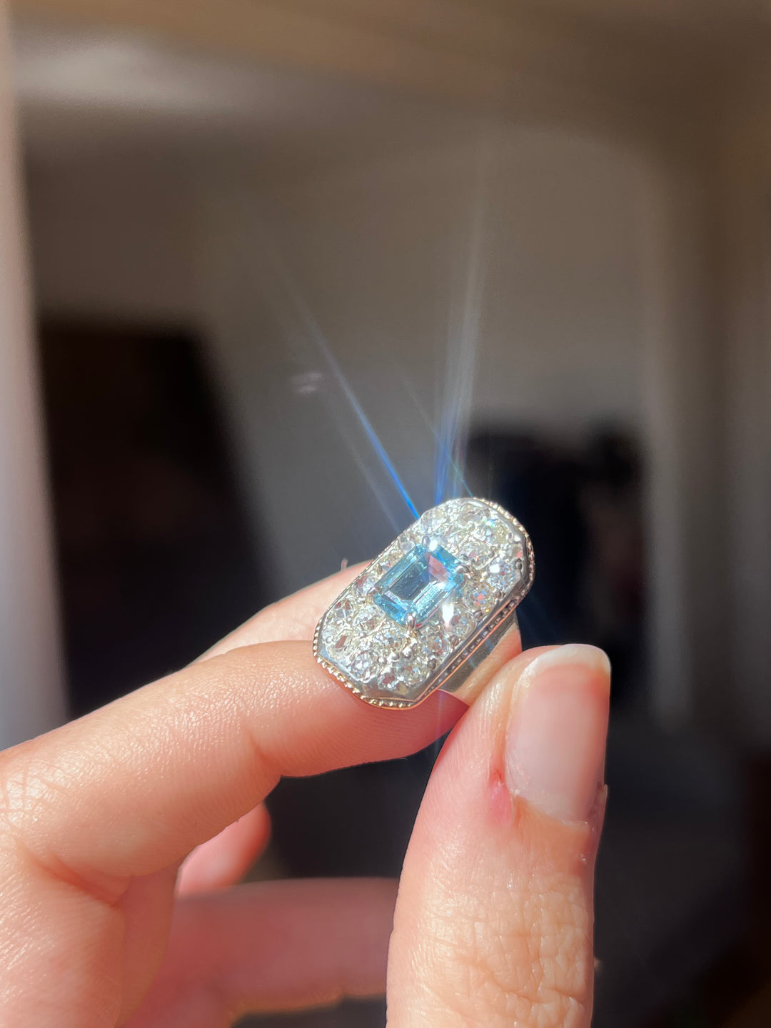 Art Deco Rococo Revival Aquamarine & Diamond Plaque Ring | .94ct Aquamarine 1.01ctw OEC | 18ct Pink & White Gold | c.1930s