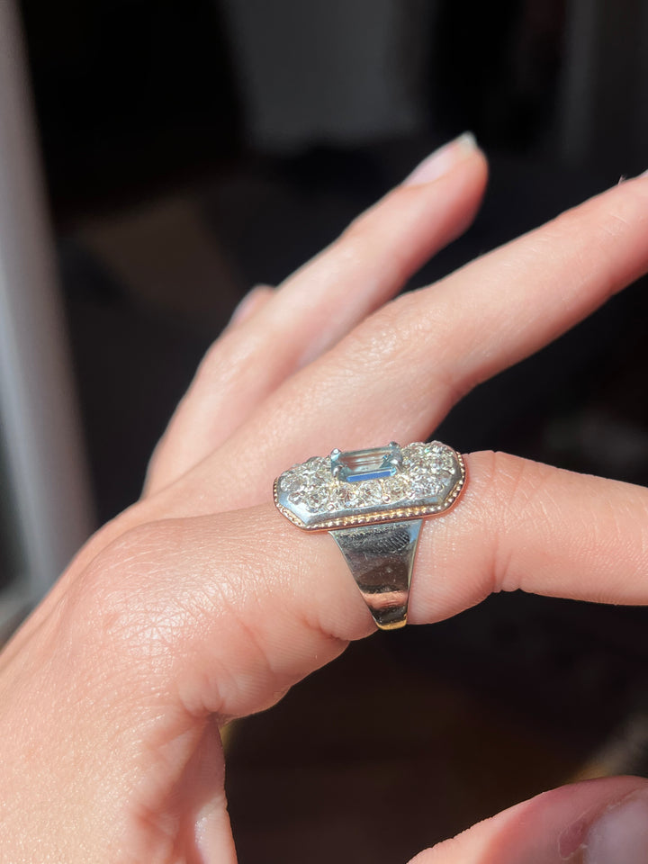 Art Deco Rococo Revival Aquamarine & Diamond Plaque Ring | .94ct Aquamarine 1.01ctw OEC | 18ct Pink & White Gold | c.1930s