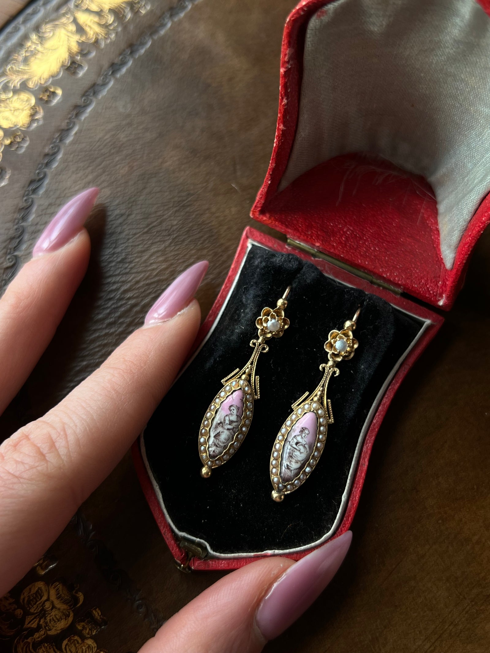 Napoleon III French en grissaille day-to-night earrings with detailed monochrome enamel panels