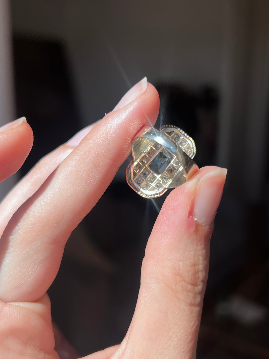 Art Deco Rococo Revival Aquamarine & Diamond Plaque Ring | .94ct Aquamarine 1.01ctw OEC | 18ct Pink & White Gold | c.1930s