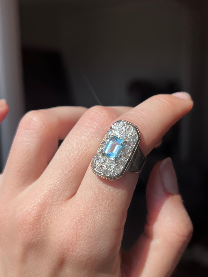 Art Deco Rococo Revival Aquamarine & Diamond Plaque Ring | .94ct Aquamarine 1.01ctw OEC | 18ct Pink & White Gold | c.1930s