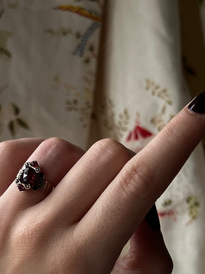 Gorgeous 14k Cushion Garnet and Pearl Ring