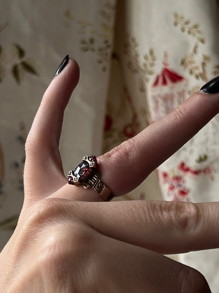 Gorgeous 14k Cushion Garnet and Pearl Ring