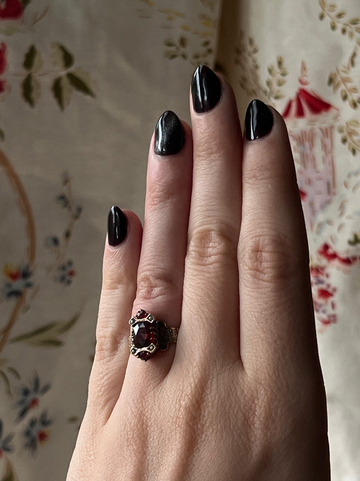 Gorgeous 14k Cushion Garnet and Pearl Ring