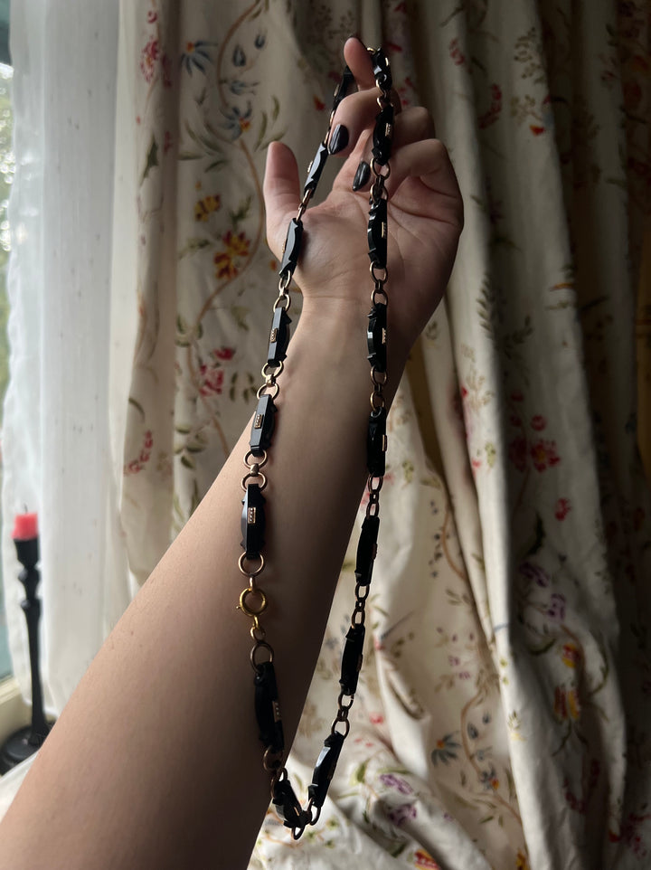 Extremely Rare C. 1860 14ct Carved Onyx + Pearl Necklace