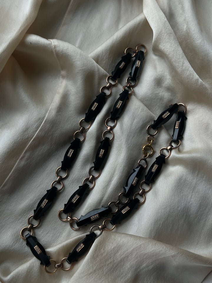 Extremely Rare C. 1860 14ct Carved Onyx + Pearl Necklace
