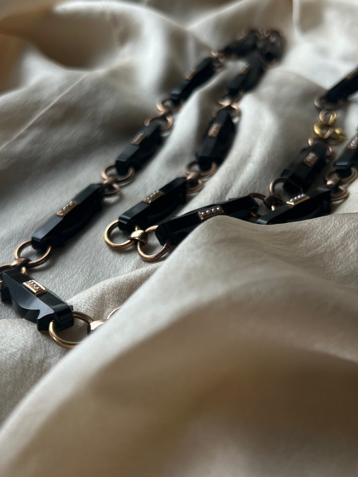 Extremely Rare C. 1860 14ct Carved Onyx + Pearl Necklace