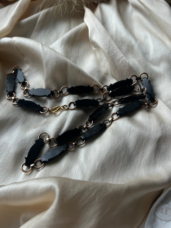 Extremely Rare C. 1860 14ct Carved Onyx + Pearl Necklace