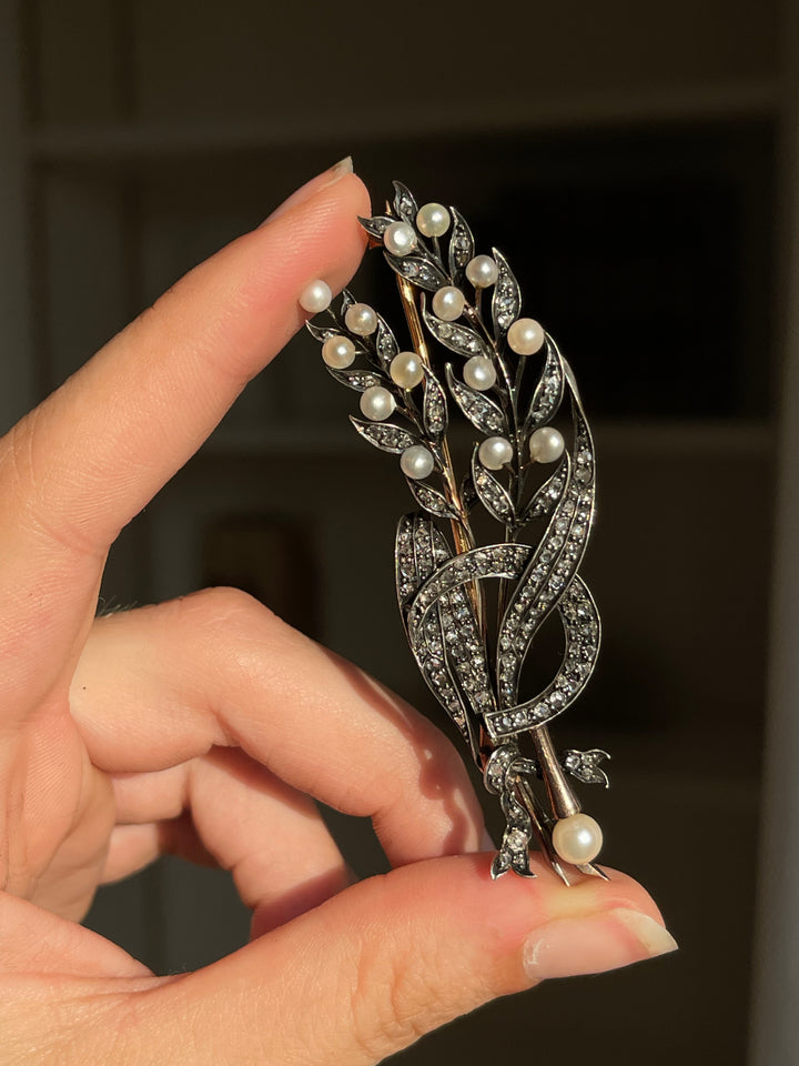 Napoleon III Wheat & Scythe Brooch with Pearls | 110 Rose Cut Diamonds .97ctw | 18ct Pink Gold & Sterling | c.1860s