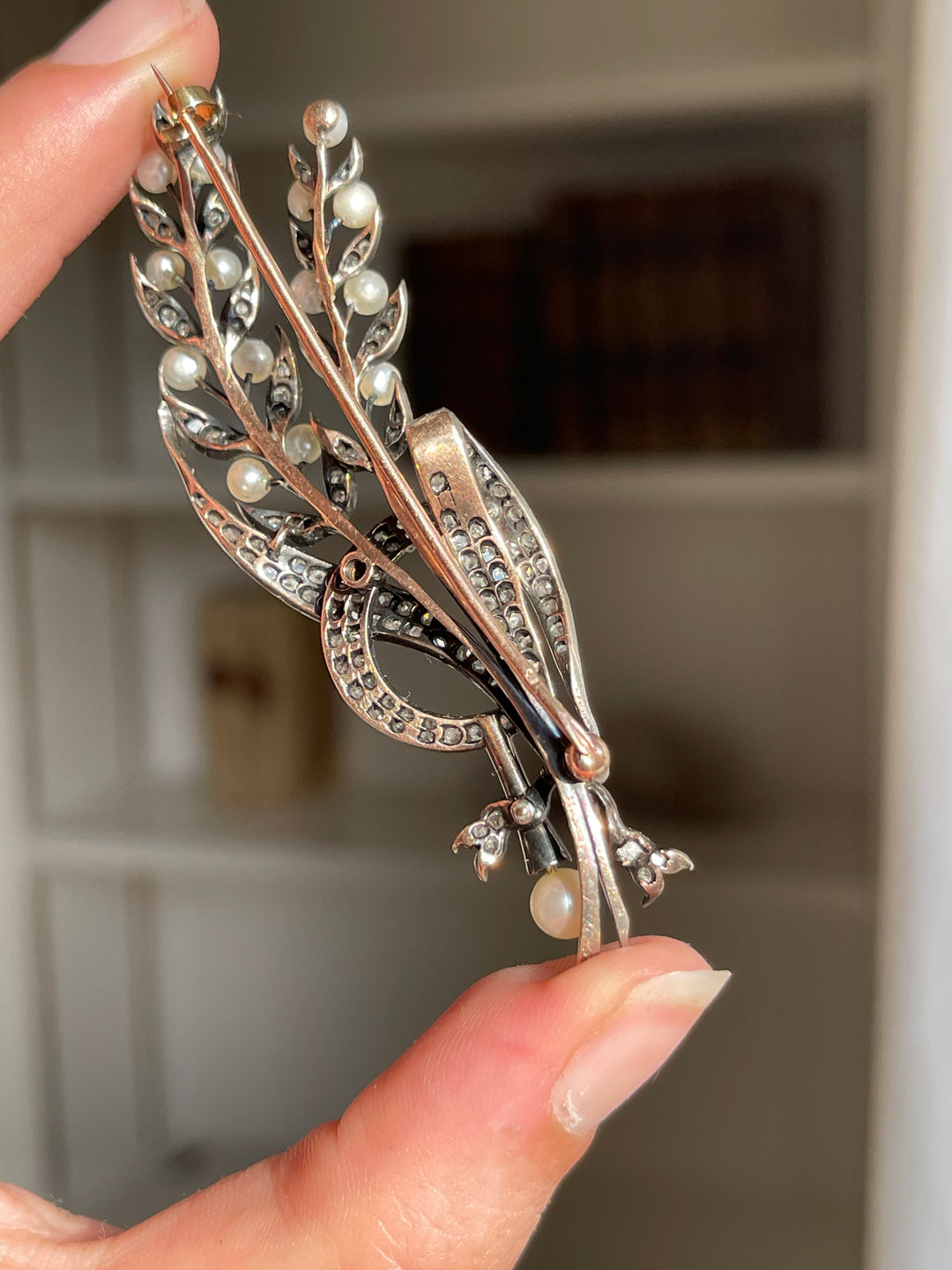 Napoleon III Wheat & Scythe Brooch with Pearls | 110 Rose Cut Diamonds .97ctw | 18ct Pink Gold & Sterling | c.1860s