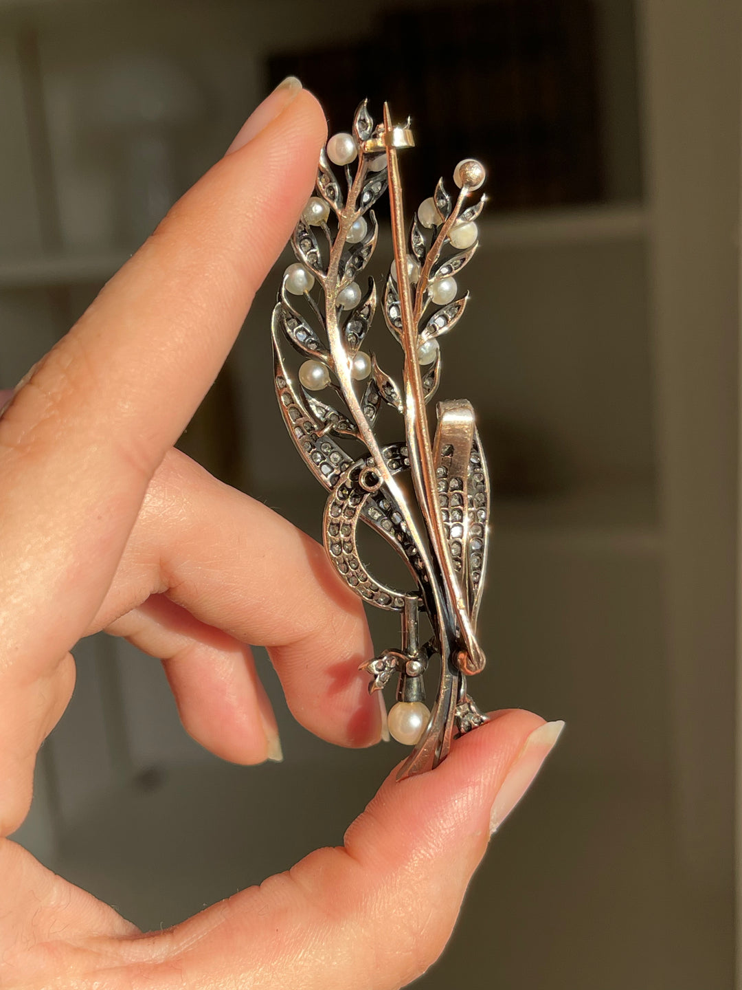 Napoleon III Wheat & Scythe Brooch with Pearls | 110 Rose Cut Diamonds .97ctw | 18ct Pink Gold & Sterling | c.1860s