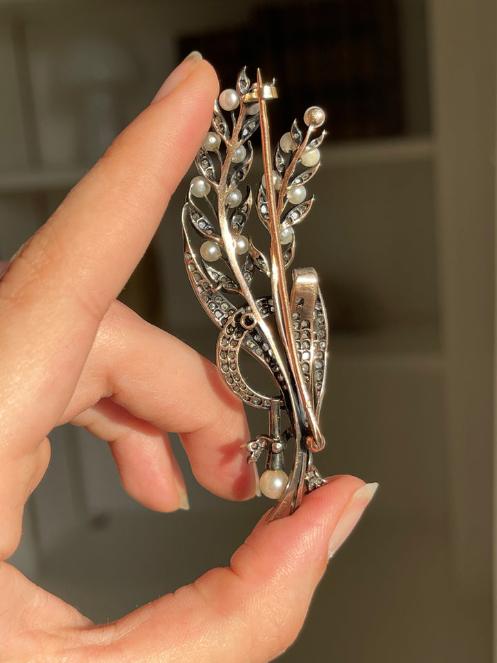 Napoleon III Wheat & Scythe Brooch with Pearls | 110 Rose Cut Diamonds .97ctw | 18ct Pink Gold & Sterling | c.1860s