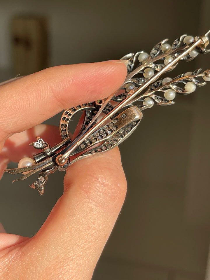 Napoleon III Wheat & Scythe Brooch with Pearls | 110 Rose Cut Diamonds .97ctw | 18ct Pink Gold & Sterling | c.1860s
