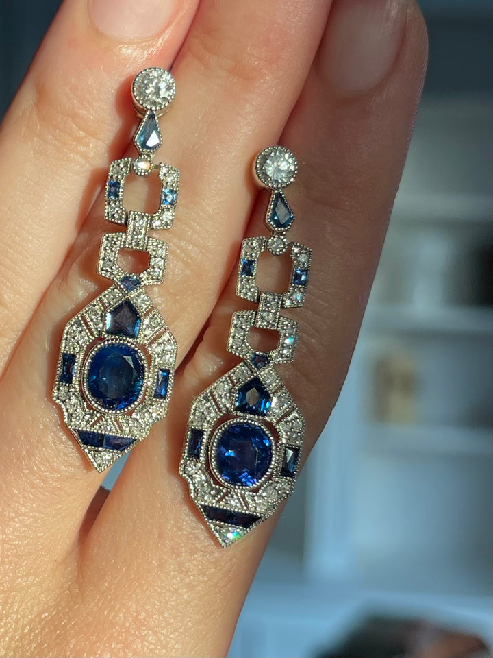 Vintage Sapphire & Diamond Earrings | Art Deco Style | 3.98ctw Diamonds | 18ct White Gold | c.1980s