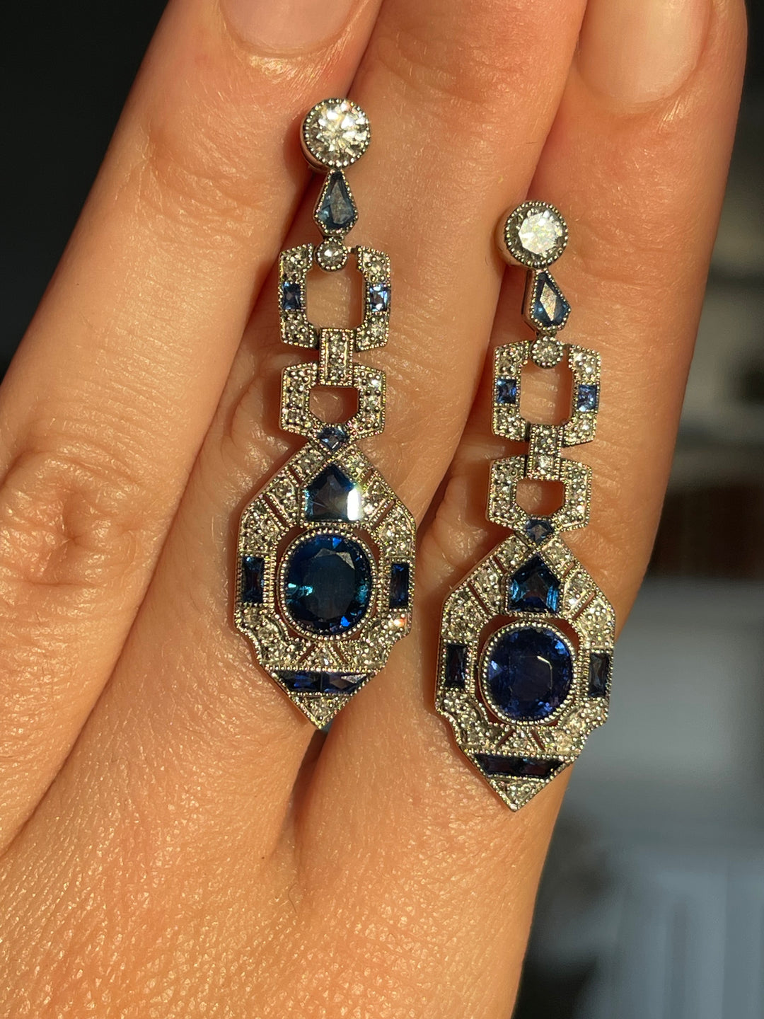 Vintage Sapphire & Diamond Earrings | Art Deco Style | 3.98ctw Diamonds | 18ct White Gold | c.1980s
