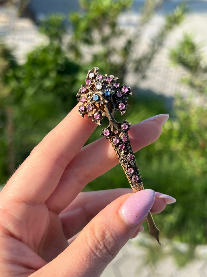 Austro-Hungarian Hair Ornament with Sapphires, Rubies + Pearls