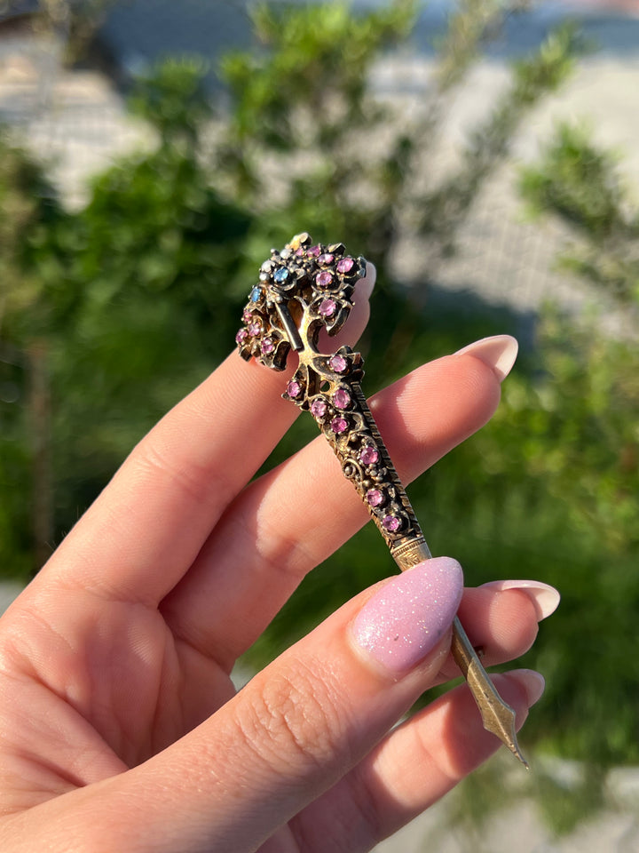 Austro-Hungarian Hair Ornament with Sapphires, Rubies + Pearls