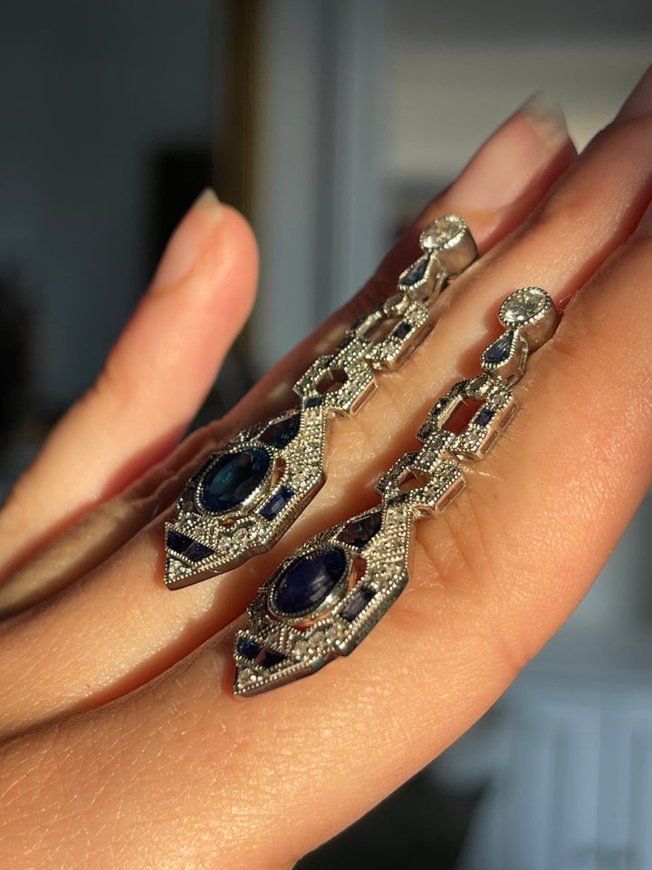 Vintage Sapphire & Diamond Earrings | Art Deco Style | 3.98ctw Diamonds | 18ct White Gold | c.1980s