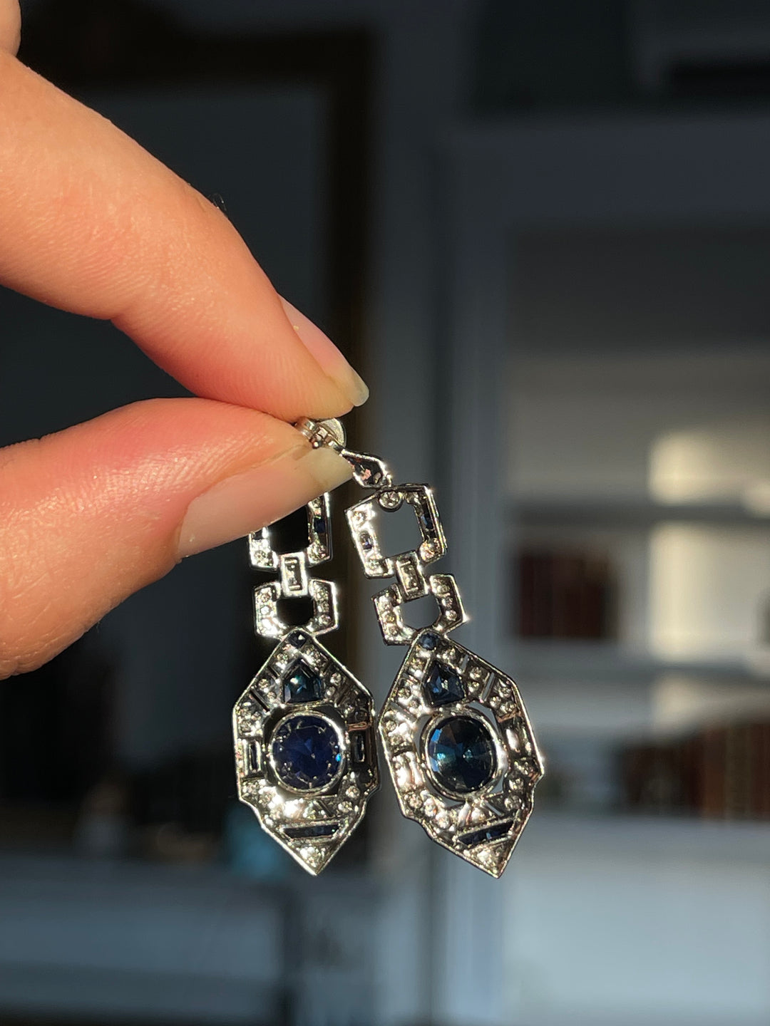 Vintage Sapphire & Diamond Earrings | Art Deco Style | 3.98ctw Diamonds | 18ct White Gold | c.1980s