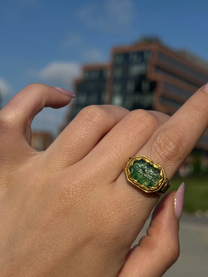 18th Century Carved Green Tourmaline Mogul Ring