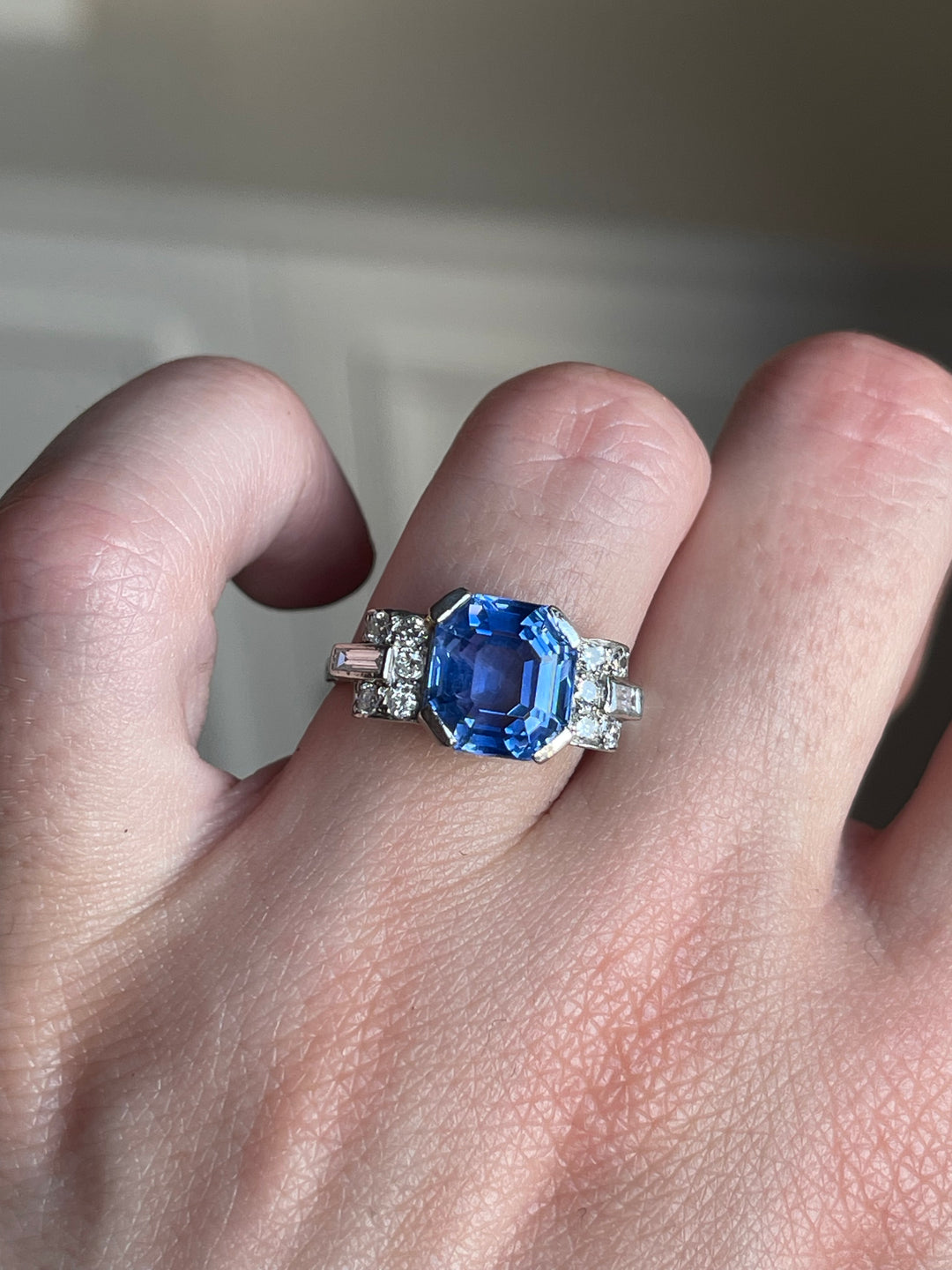 French Art Deco Unheated Ceylon Sapphire Ring | 5.45ct Octagonal Cut | Platinum | c.1925