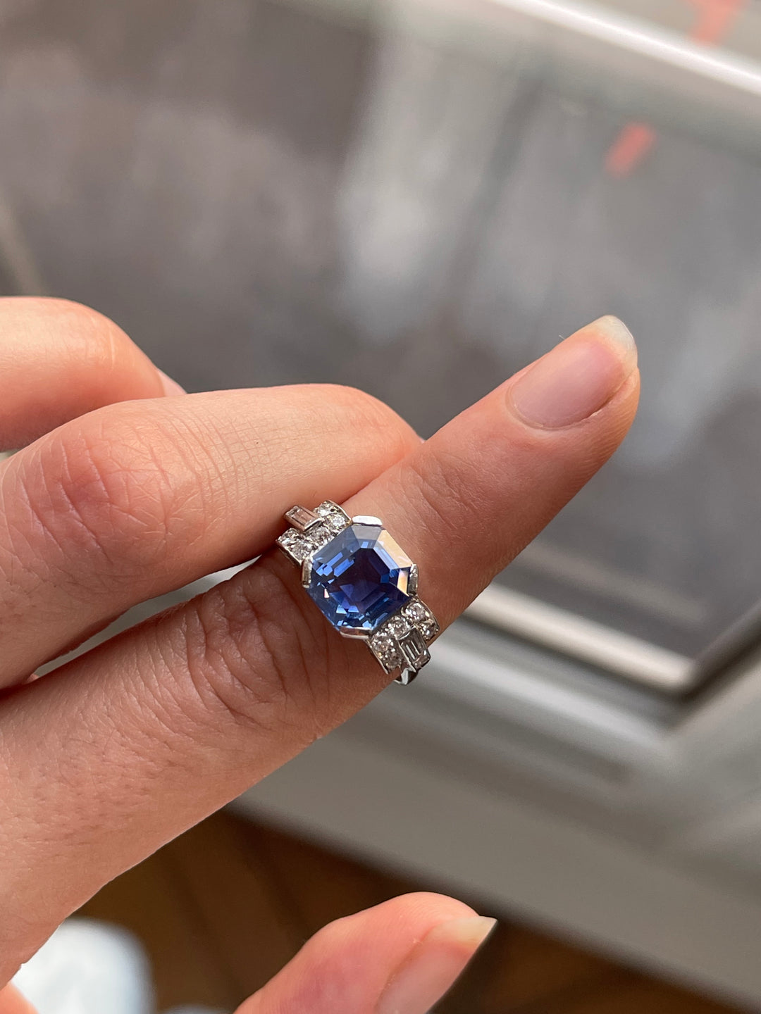 French Art Deco Unheated Ceylon Sapphire Ring | 5.45ct Octagonal Cut | Platinum | c.1925