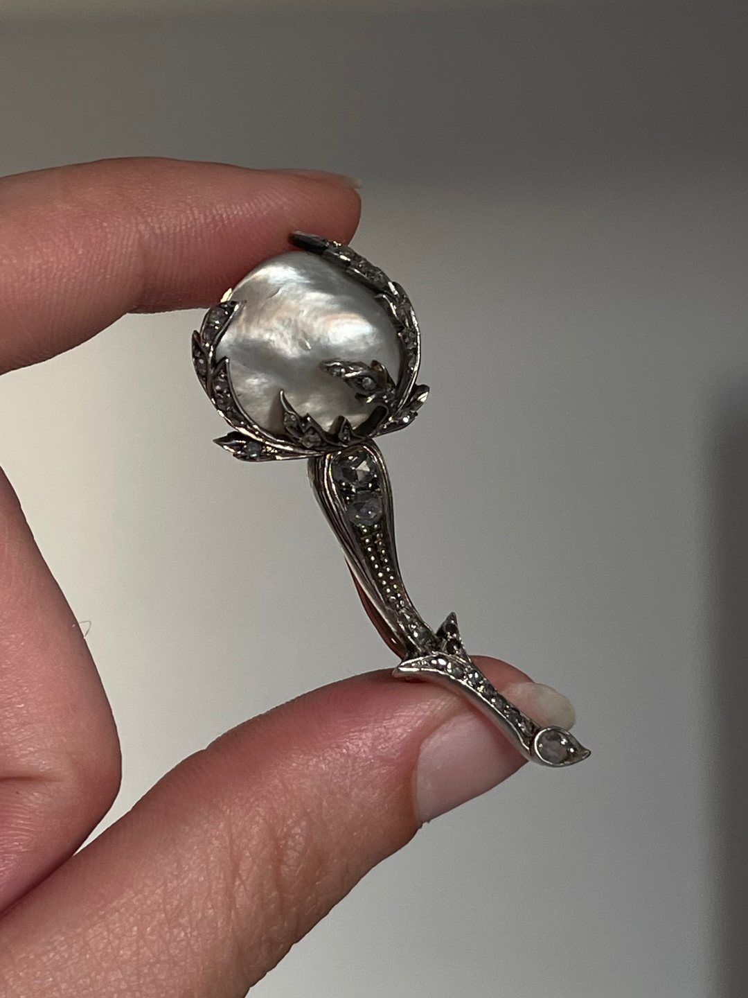 Art Nouveau Rosebud Diamond & Pearl Brooch | 36 Rose Cut Diamonds | 18ct Pink/Yellow Gold | French c.1890