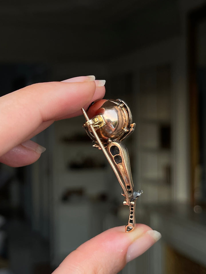 Art Nouveau Rosebud Diamond & Pearl Brooch | 36 Rose Cut Diamonds | 18ct Pink/Yellow Gold | French c.1890