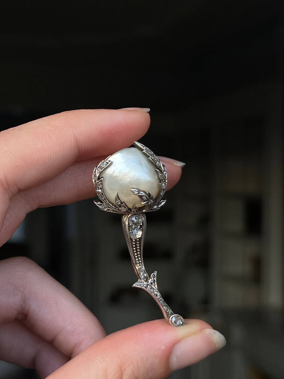 Art Nouveau Rosebud Diamond & Pearl Brooch | 36 Rose Cut Diamonds | 18ct Pink/Yellow Gold | French c.1890