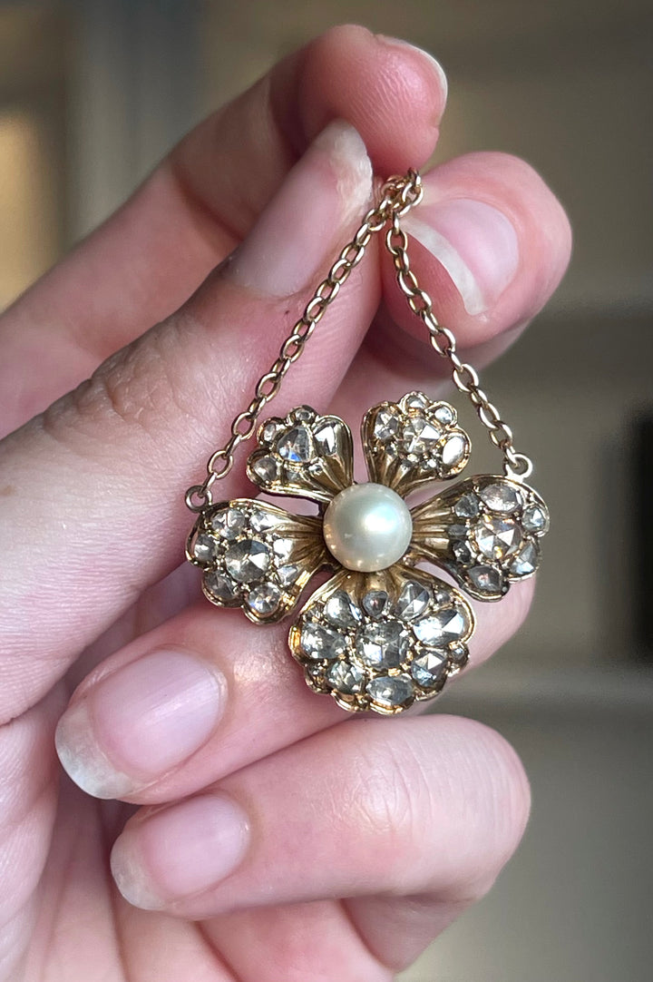 English Diamond & Pearl Pansy Pendant | 15ct Gold | 43 Foiled Rose Cuts | c.1860