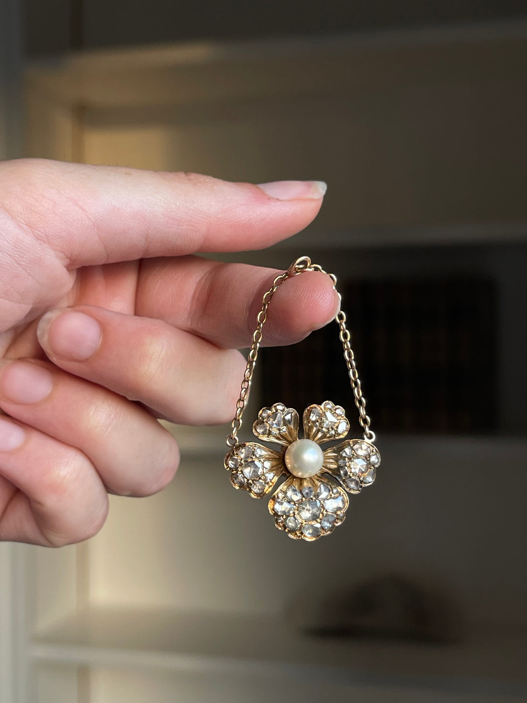 English Diamond & Pearl Pansy Pendant | 15ct Gold | 43 Foiled Rose Cuts | c.1860