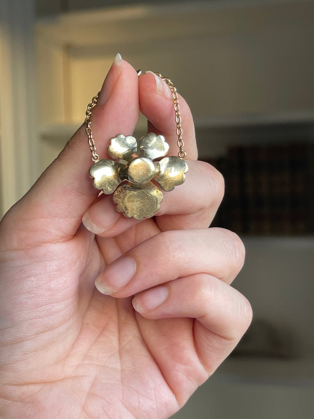 English Diamond & Pearl Pansy Pendant | 15ct Gold | 43 Foiled Rose Cuts | c.1860