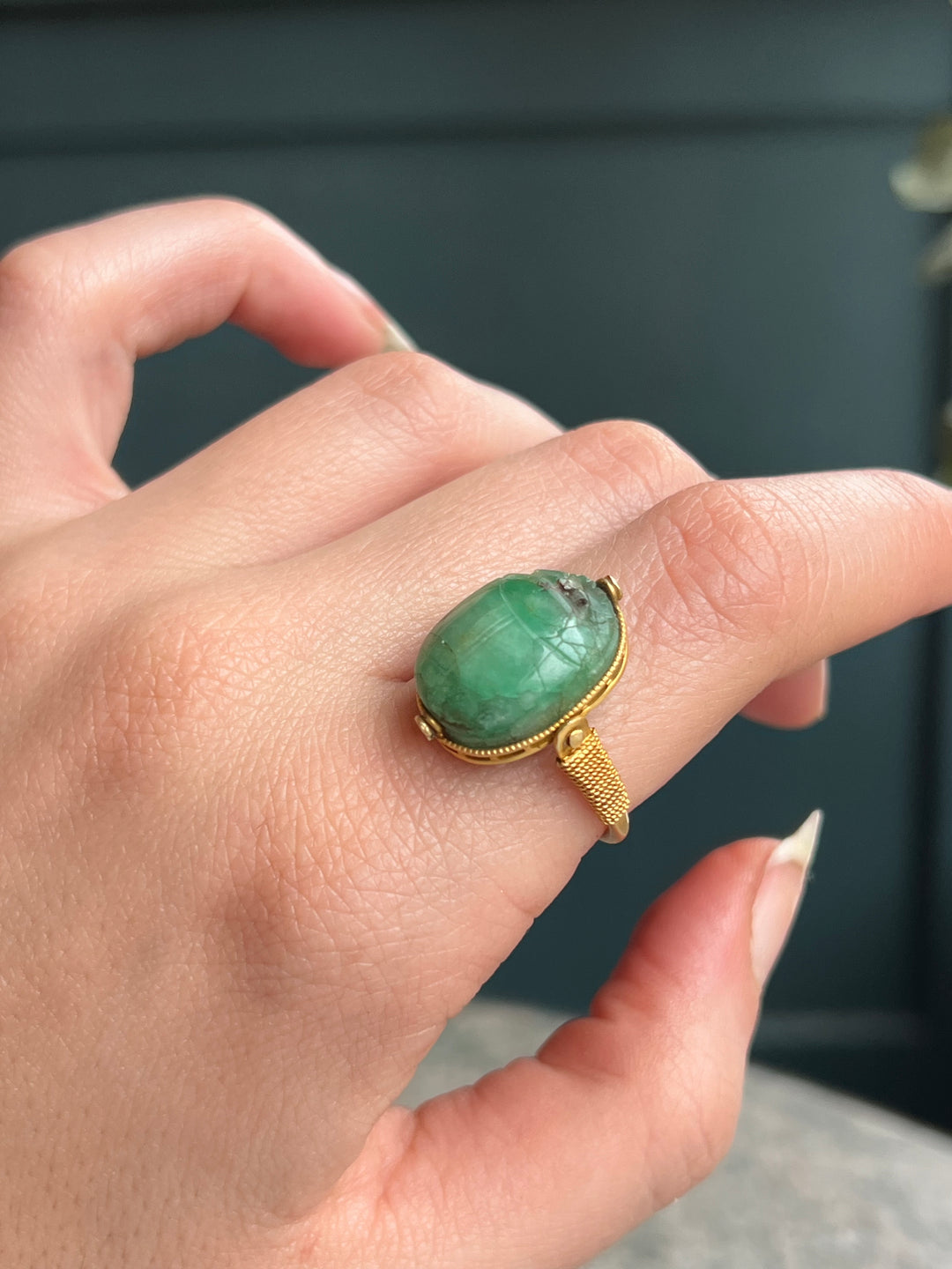 Outstanding Victorian Egyptomania Ring With Beryl Specimen Scarab