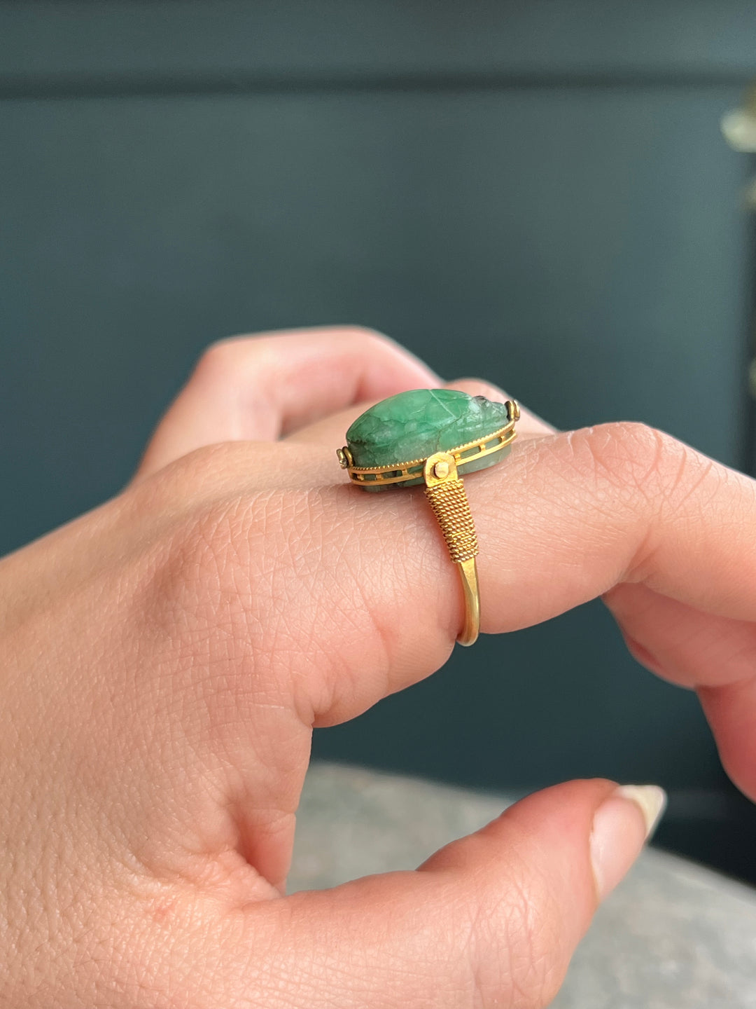 Outstanding Victorian Egyptomania Ring With Beryl Specimen Scarab