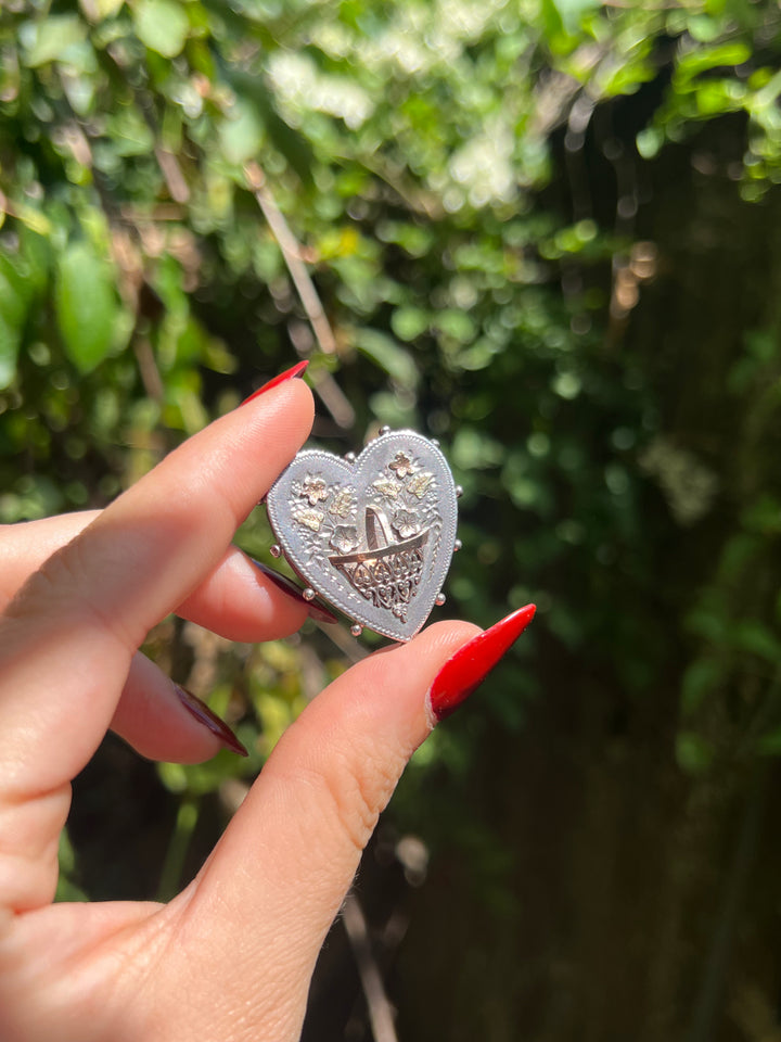 Rare Victorian Basket of Flowers Heart Brooch