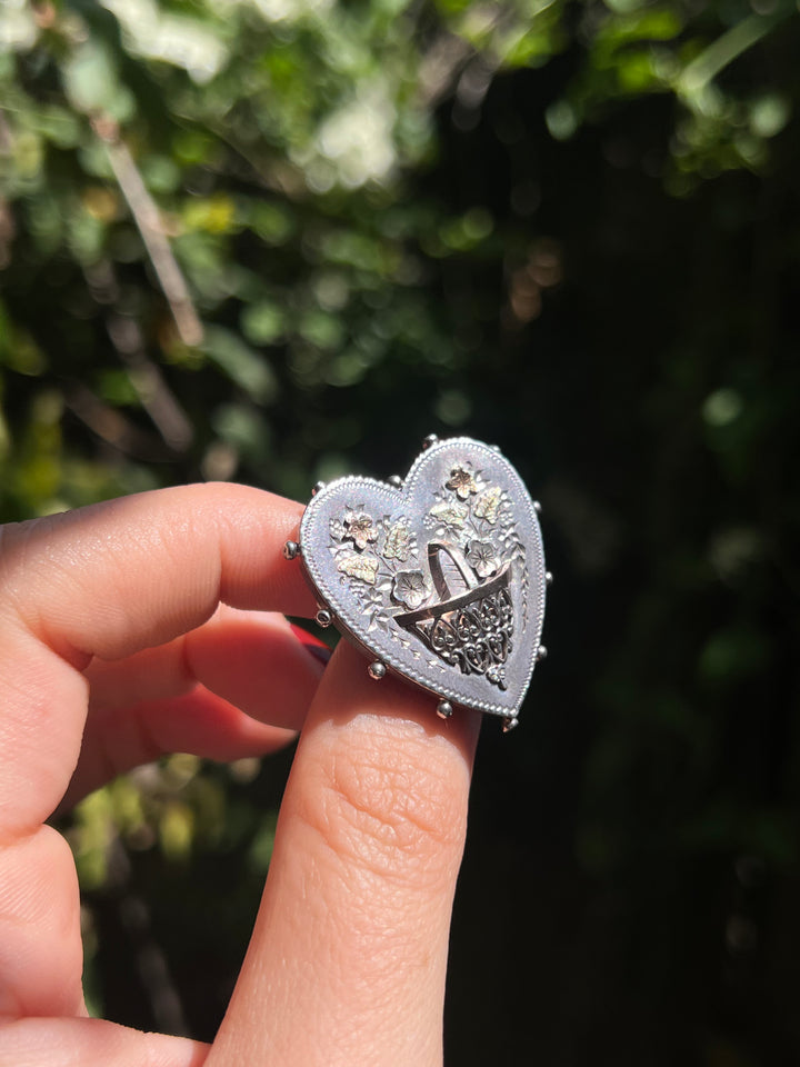 Rare Victorian Basket of Flowers Heart Brooch
