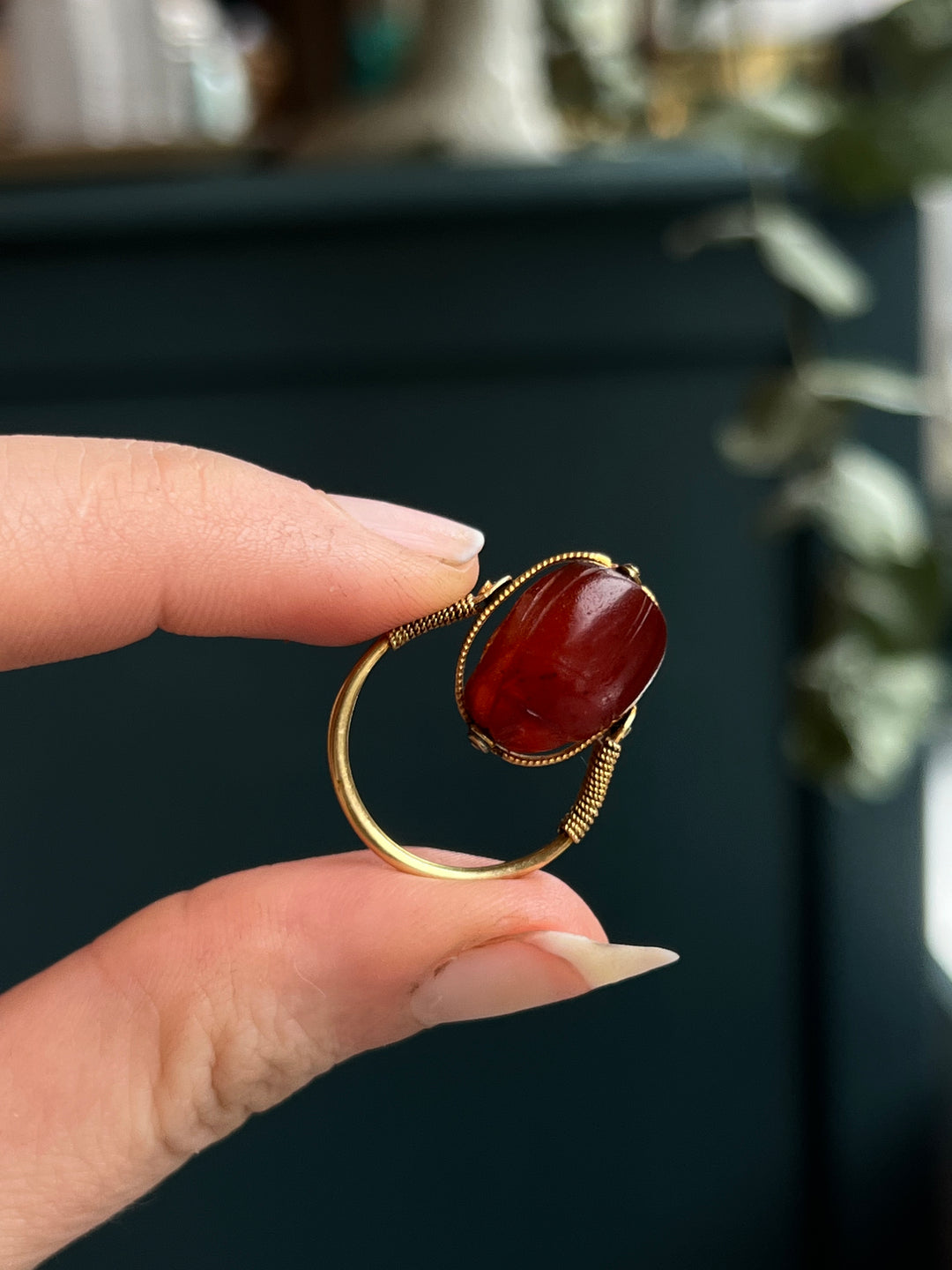 Superbly Rare Carnelian Scarab Ring in Victorian Setting